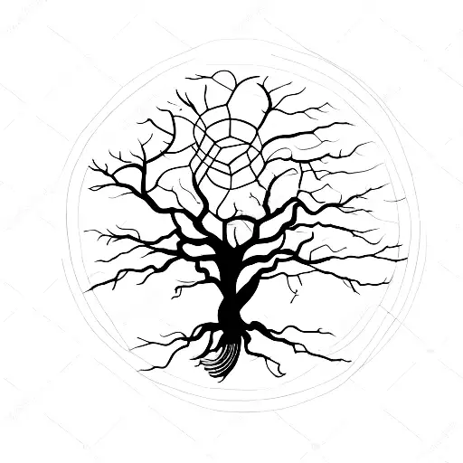 three wyrds in front of yggdrasil with two crows flying over tattoo design idea