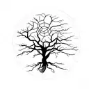 three wyrds in front of yggdrasil with two crows flying over tattoo design idea