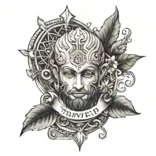 Combine different symbols and icons representing knowledge and learning with the name 'Tanveer' subtly included tattoo design idea