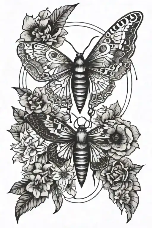 moths moon and flowers intertwined tattoo design idea