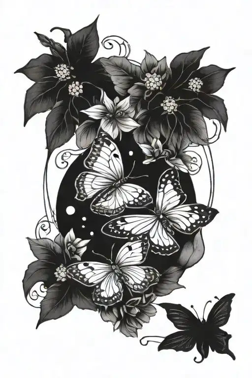 moths moon and flowers intertwined tattoo design idea
