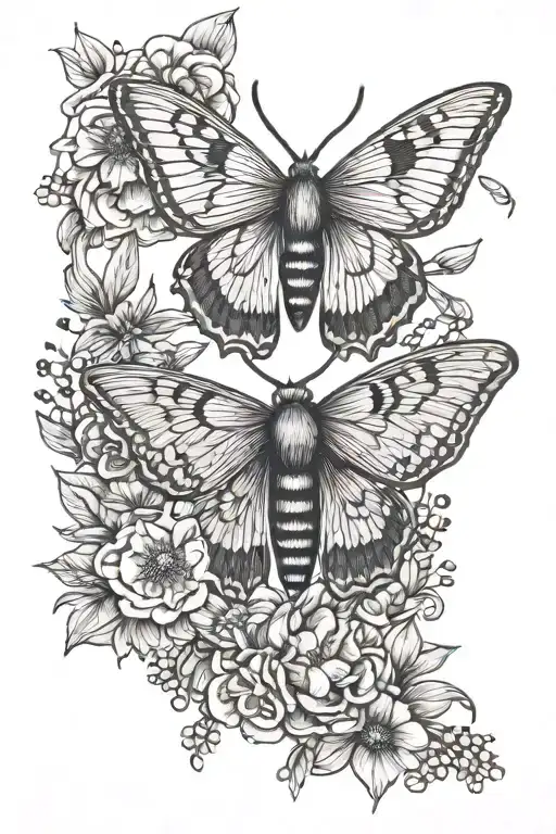 moth and moon and flowers intertwined tattoo design idea