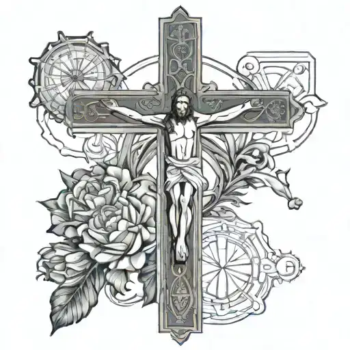 Design me a tattoo for my left arm.  have a large crucifix with Jesus hanging from it, surrounded by rays of light shini tattoo design idea