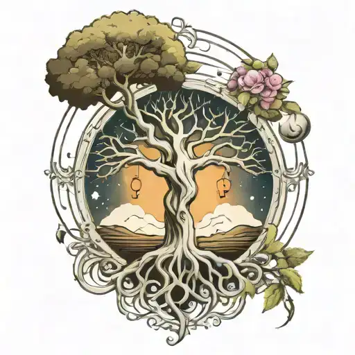 For a tattoo design that combines the “Tree of Life,” celestial bodies tattoo design idea