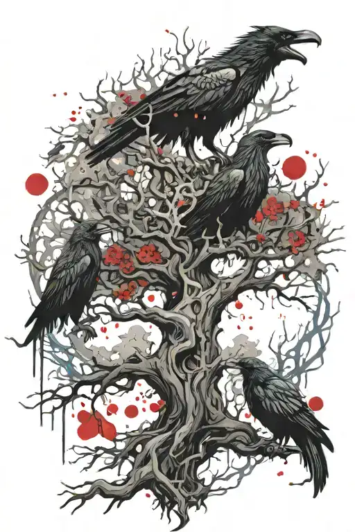 Ygdrasil tree, 2 wolves, 2 ravens, a serpentine dragon under the roots, a giant eagle on the crown of the tree tattoo design idea