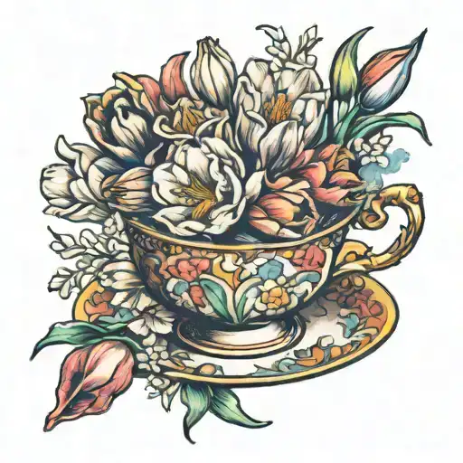 a pretty femiene coloured teacup filled with tulips and gladioli flowers  tattoo design idea