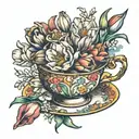 a pretty femiene coloured teacup filled with tulips and gladioli flowers  tattoo design idea
