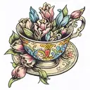 a pretty femiene coloured teacup filled with tulips and gladioli flowers  tattoo design idea
