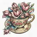a pretty femiene coloured teacup filled with tulips and gladioli flowers  tattoo design idea