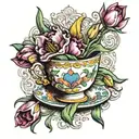 a pretty femiene coloured teacup filled with tulips and gladioli flowers  tattoo design idea