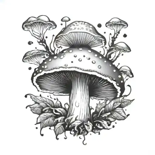 Mushroom with a hidden fairy silhouette among the dots in a dotwork style tattoo design idea