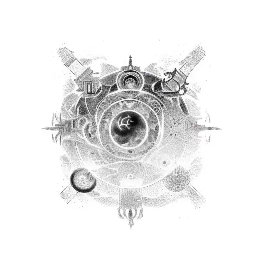 three interconnected zodiac signs taurus aries pisces in far eastern style tattoo design idea