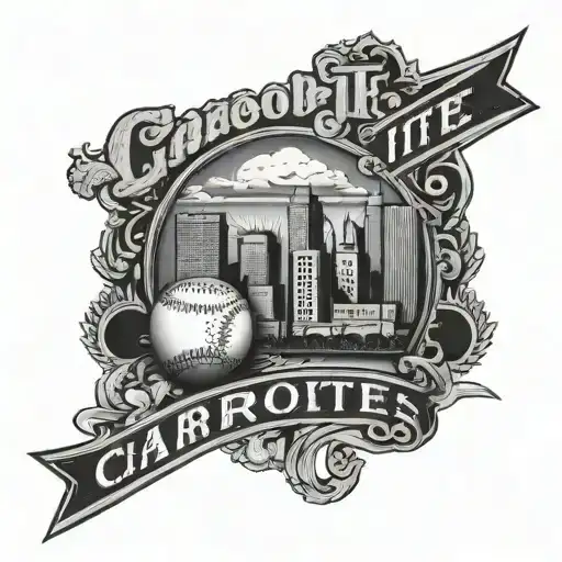 A detailed blackwork tattoo of a historic Charlotte, NC skyline with a baseball stadium in the background, representing your love for both your hometown and baseball tattoo design idea