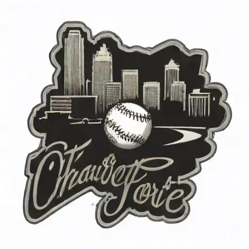 A detailed blackwork tattoo of a historic Charlotte, NC skyline with a baseball stadium in the background, representing your love for both your hometown and baseball tattoo design idea