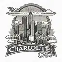 A detailed blackwork tattoo of a historic Charlotte, NC skyline with a baseball stadium in the background, representing your love for both your hometown and baseball tattoo design idea