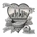 A detailed blackwork tattoo of a historic Charlotte, NC skyline with a baseball stadium in the background, representing your love for both your hometown and baseball tattoo design idea