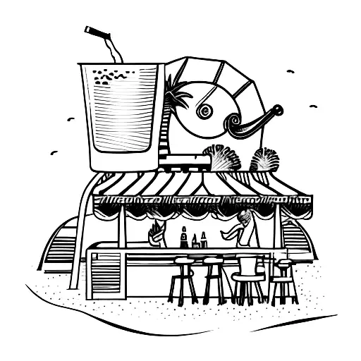 A beach bar scene with colorful beach chairs and a bartender serving drinks tattoo design idea