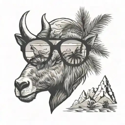 mountain and goat and palm tree on sunglass tattoo design idea