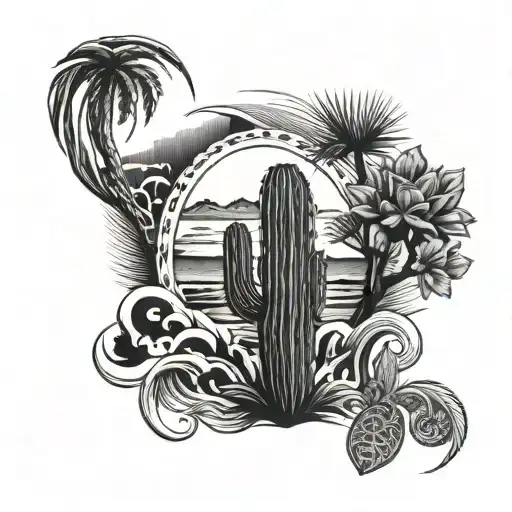 black and white tattoo with palm tree and cactus and waves and wedding ring tattoo design idea