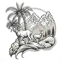 mountain and goat and palm tree  tattoo design idea