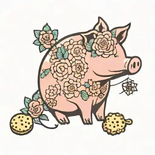 minimalist piggy with flowers and cookies tattoo design idea