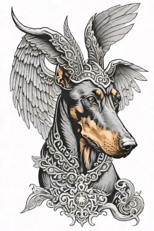 A Doberman with wings, inspired by the client's favorite pet and the Hanuman God tattoo design idea