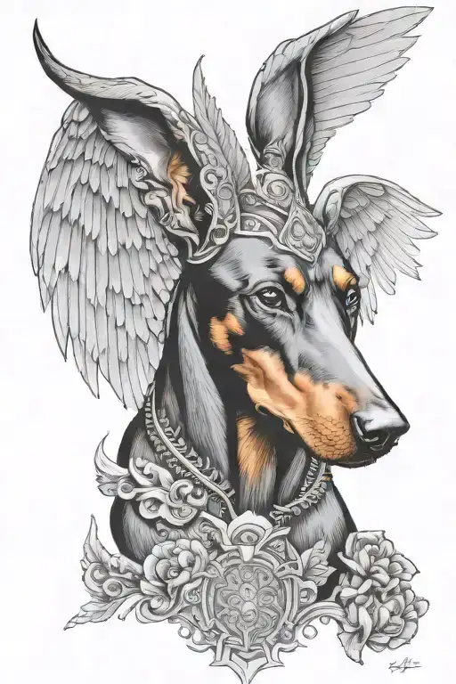 A Doberman with wings, inspired by the client's favorite pet and the Hanuman God tattoo design idea