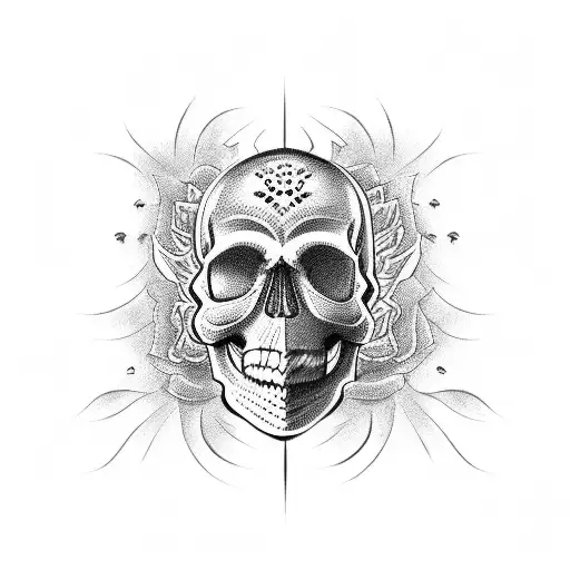 skull and flames and roses tattoo design idea