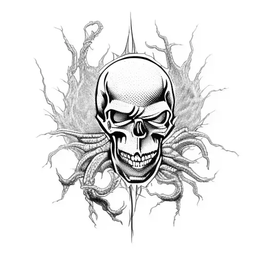 Skull, heart, brain, and spider, and flames tattoo design idea