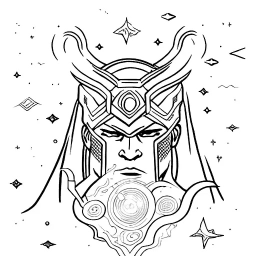 A cosmic battle scene between Thor and Loki in a blackwork style tattoo design idea