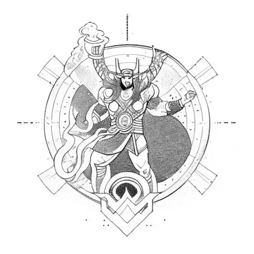 A cosmic battle scene between Thor and Loki in a blackwork style tattoo design idea