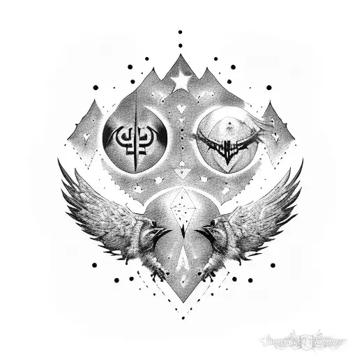 A blackwork tattoo of Odin's ravens, Huginn and Muninn, flying through a starry night sky tattoo design idea