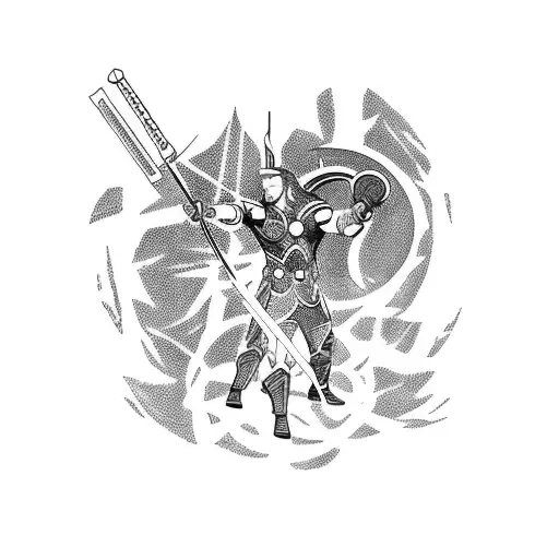 A cosmic battle scene between Thor and Loki in a blackwork style tattoo design idea