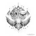 A blackwork tattoo of Odin's ravens, Huginn and Muninn, flying through a starry night sky tattoo design idea