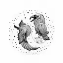 A blackwork tattoo of Odin's ravens, Huginn and Muninn, flying through a starry night sky tattoo design idea
