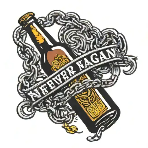 beer bottle with broken chains around it. traditiona font on a scroll that says never again tattoo design idea