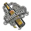 beer bottle with broken chains around it. traditiona font on a scroll that says never again tattoo design idea