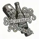 beer bottle with broken chains around it. traditiona font on a scroll that says never again tattoo design idea