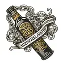 beer bottle with broken chains around it. traditiona font on a scroll that says never again tattoo design idea