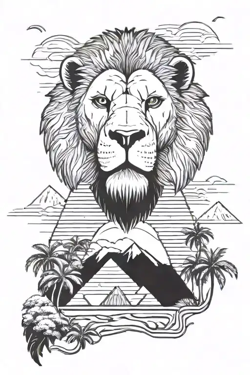 Create a tattoo featuring a lion and a gorilla in an African landscape with a pharaoh's mask tattoo design idea