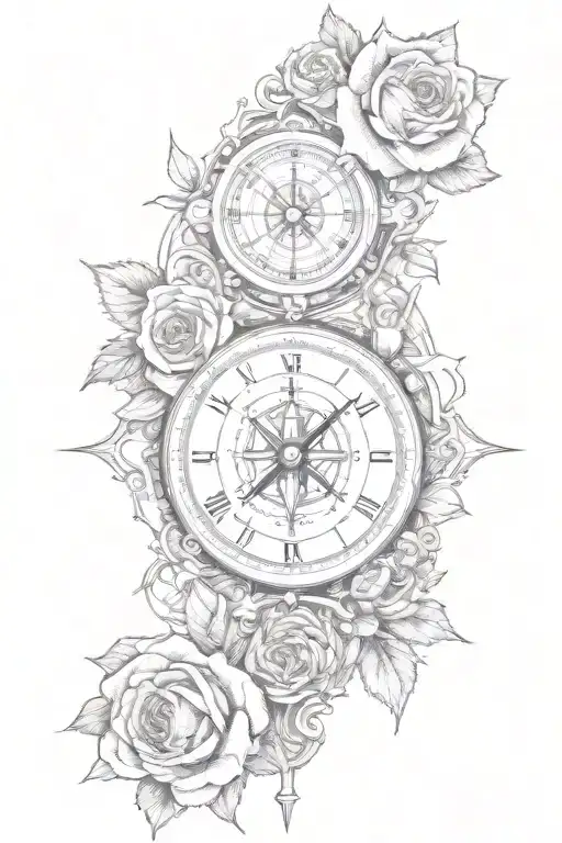roses clock naval compass free Masonic symbols tattoo design idea
