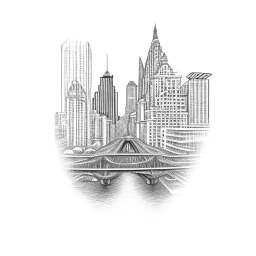 verrazonaa bridge with city and building in background that then tranforms into nature and somthing to represent nj tattoo design idea