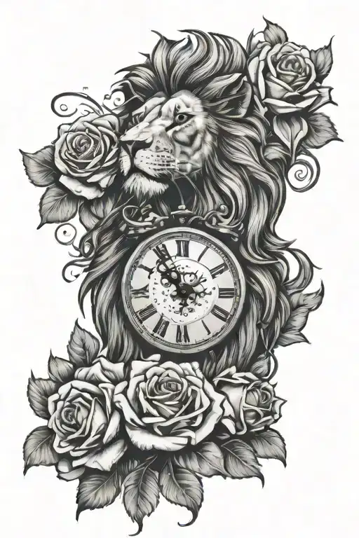 lion with skulls and roses and clock with clouds  tattoo design idea