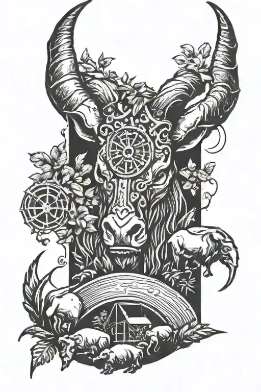 A tattoo design combining elements of farming and mining, with long horns as focal points tattoo design idea