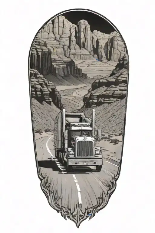 A Kenworth semi truck driving through a desert canyon with a cowboy on horseback following behind tattoo design idea