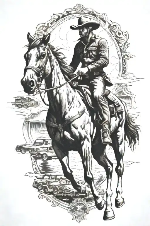 A tattoo design of a cowboy riding a horse with a backdrop of old-fashioned cars and semi trucks tattoo design idea