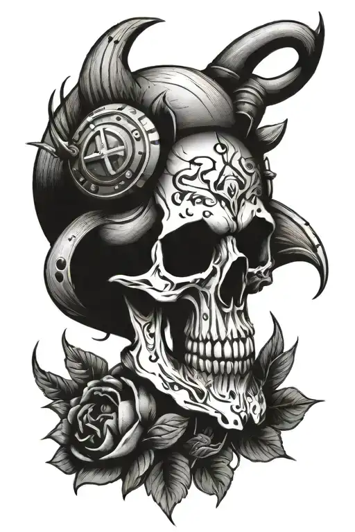 A tattoo design combining elements of farming and mining, with a skull and long horns as focal points tattoo design idea