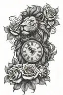 lion with skulls and roses and clock with clouds  tattoo design idea