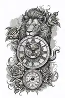 lion with skulls and roses and clock with clouds  tattoo design idea