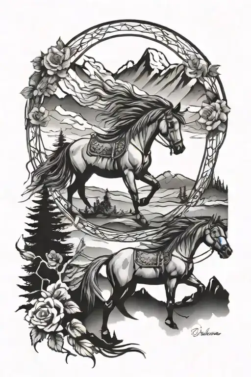 mountains trees horse rose dreamcatcher tattoo design idea